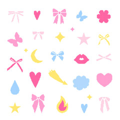 Pixels elements set. Bow, ribbon, heart, flower, butterfly, star. Y2k style icons