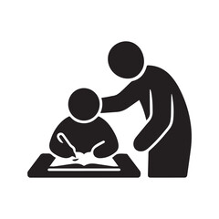 Parent Helping Child with Homework Glyph Icon, Teacher Tutoring Student at Desk, Education and Homeschooling Silhouette Vector
