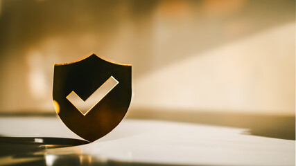 Golden shield with checkmark icon on soft light background, symbolizing digital security, data protection, verification, trust assurance, financial safety, and certified system reliability. © sommart
