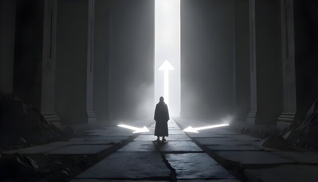 Person at Crossroads with Arrows – Symbol of Confusion and Decision-Making Mind - Powered by Adobe