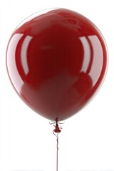 Single, glossy, deep red balloon, inflated and tied with string, against white background