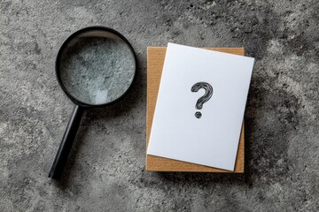 Magnifying glass rests near a card with a question mark on a textured grey background