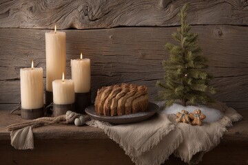 Rustic Christmas scene with candles, cake, and ornaments