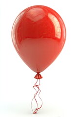Single, glossy red balloon, tied with ribbons, against white background