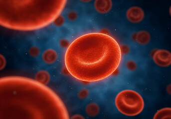 Red blood cells floating in blue background.
