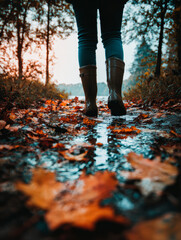 Person with Rainboots Walking in Autumn Forest. Generative AI