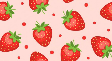 Pattern of red strawberries with green leaves and red dots on a light pink background