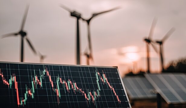 Financial chart displayed on solar panel, with wind turbines in the background