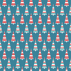 Seamless Christmas Trees Repeat With Red and White Stripes on Blue Background