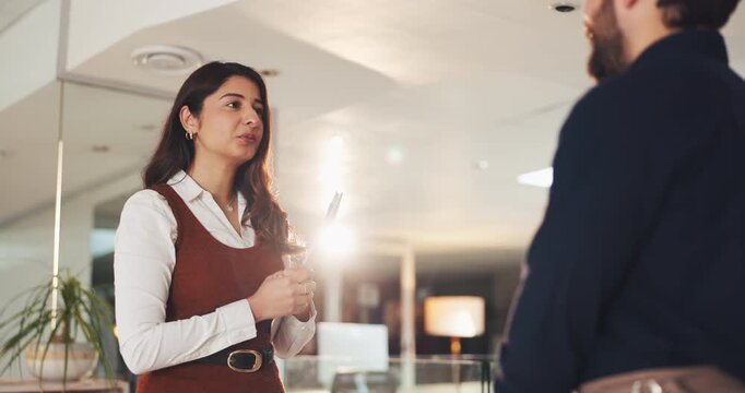 Talking, woman and man in office, handshake and planning for deal, public relations or working late. Night, publicist and shaking hands with client for agreement, smile and collaboration in business