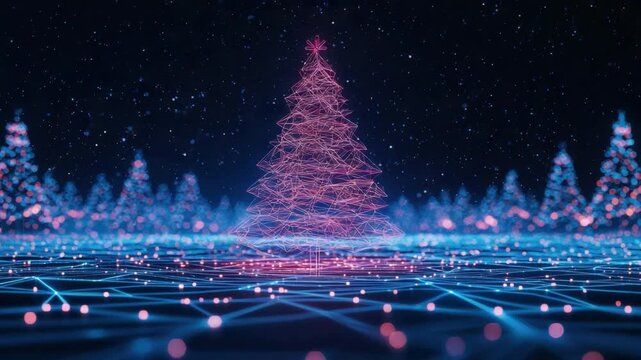 Futuristic Neon Christmas Tree in a Glowing Digital Forest with Dazzling Particle Effects and Vibrant Colors