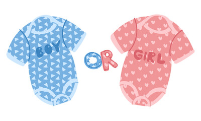 Banner for a gender party. Pink and blue bodysuits with inscriptions for a newborn on a white. flat color illustration of items related to a boy or a girl. Determining the gender of a child. Clothing