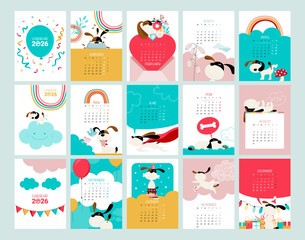 Calendar 2026 A4 with cute dog illustrations, full vector design