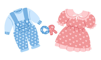 Banner for a gender party. Pink and blue suits on white. Dress and jumpsuit. Flat color illustration of items related to a boy or a girl. Determining the gender of a child. Clothing
