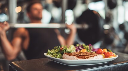 Fototapeta premium Healthy plate with meat and salad near man lifting weights in gym. Illustrates the importance of nutrition for muscle growth and fitness.