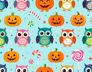 Naklejka premium Cute Halloween background with cartoon owls, pumpkins, and sweet candy seamless pattern