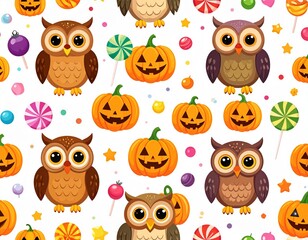 Obraz premium Cute Halloween background with cartoon owls, jack o'lantern pumpkins, and candy pattern