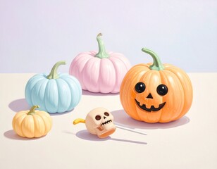 Obraz premium Cute pastel pumpkins and a skull lollipop for a modern Halloween background concept