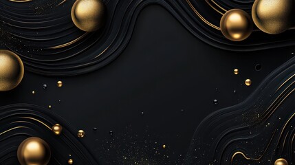 Elegant black and gold abstract background with flowing lines and spheres for luxury designs