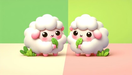 Obraz premium Pastel Kawaii Lambs with Leaf, Two Cute 3D Sheep on Split Background