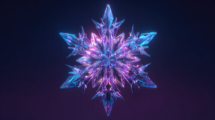 Intricate 3D Abstract Crystal Snowflake Glowing with Neon Blue and Purple