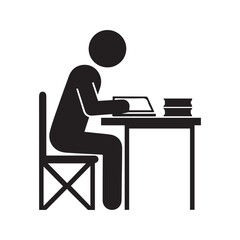 Studying Icon, Person Reading Book at Desk, Student Learning in Library, Education Silhouette Pictogram
