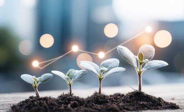 Growing plants in soil, with upward trending lines, symbolizing growth and progress