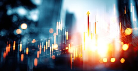 Abstract financial chart overlayed on a cityscape at dawn