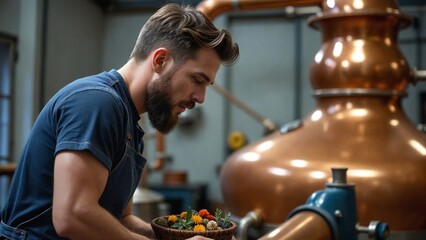 Craft distiller working at a copper still, checking aromatic botanicals in a gin basket during the artisanal distillation process.