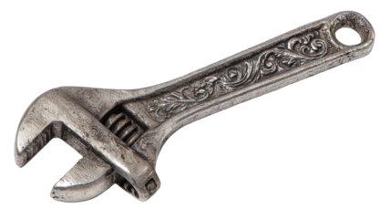 Ornate Antique Silver Monkey Wrench Isolated on Transparent Background