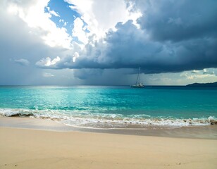 Tropical beach with a sailboat and dramatic clouds