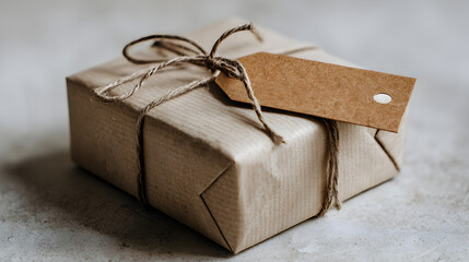 Thoughtfully wrapped gift box with rustic twine and blank tag, ready for personalization and heartfelt giving