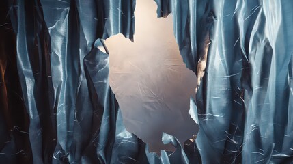 Torn blue curtain revealing a bright light behind it creating a sense of hope and new beginnings