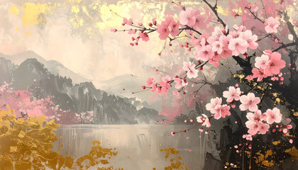 満開の桜と金箔の和風アート 背景デザイン