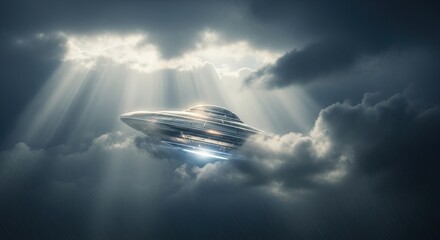Obraz premium Shiny metallic unidentified flying object appearing through dark storm clouds with bright light beams. Extraterrestrial spaceship concept.