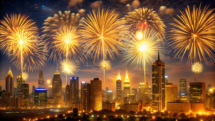 Golden Fireworks Above City Skyline
