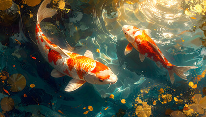 水面に揺らめく光と錦鯉の幻想的アート