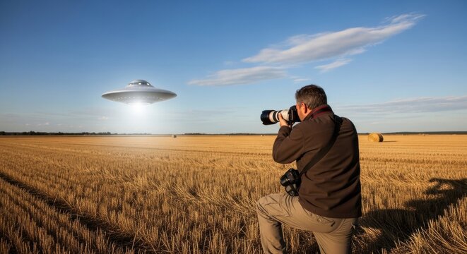 Man photographer taking picture of real unidentified flying object. Alien invasion or unexpected contact with extraterrestrial civilization.