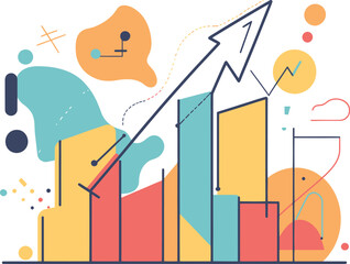 A single, uninterrupted line drawing of a graph icon set against a white backdrop, depicting a rising graph and chart with an upward arrow, serves as a contemporary illustration for various design