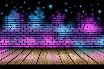 Nightclub stage with pink and blue glowing brick wall and wooden floor