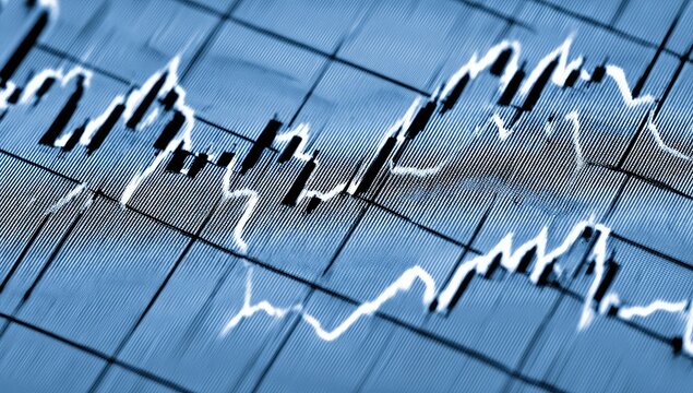 Close-up of a financial chart with fluctuating lines on a gridded background - Powered by Adobe