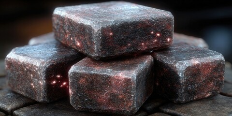 Glowing red stones create a mystical and alluring scene with their dark, textured surfaces.