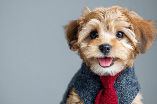 A small tan puppy is seen wearing a herringbone blazer and red tie centered against a grey background mouth open seemingly smiling - Powered by Adobe
