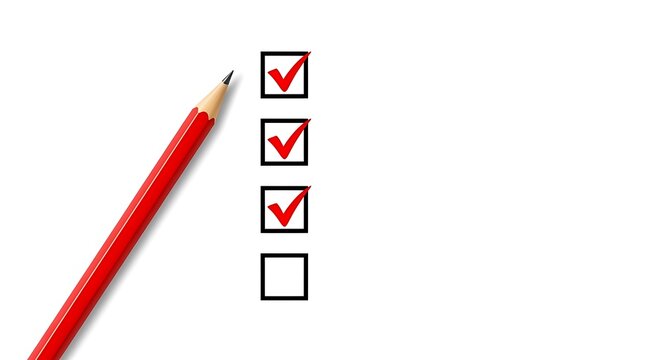 Red pencil lays beside checklist with three tasks completed on white background