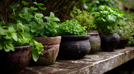 Lush green herbs thriving in rustic terracotta pots on a weathered wooden shelf, creating a serene garden oasis.