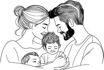 A father and his two kids are depicted in a continuous line drawing, symbolizing a happy family, which is perfect for Father's Day, and shows the father and children playing together in a modern