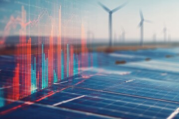 Solar panels overlaid with financial data graphs, wind turbines in the background