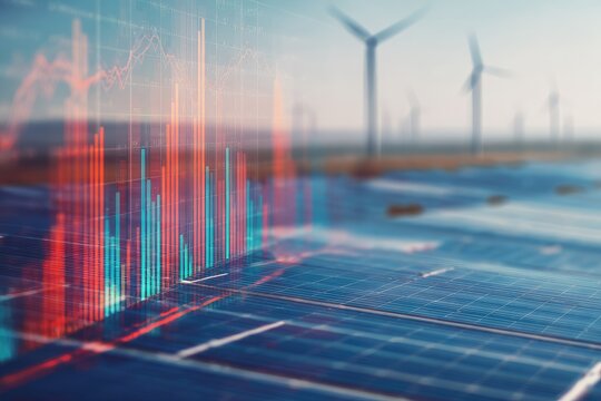 Solar panels overlaid with financial data graphs, wind turbines in the background - Powered by Adobe