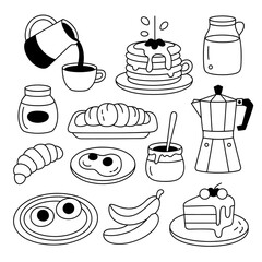 Breakfast Food Icons Set | Coffee, Pancakes, Croissants, Jam, Juice, Breakfast Plate, Mugs, Breads, Fruits, Cooking Line drawing
