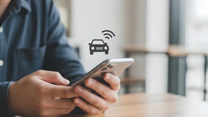 Close-up of a person holding a smartphone with a car icon and signal waves overlayed, symbolizing vehicle connectivity and smart technology